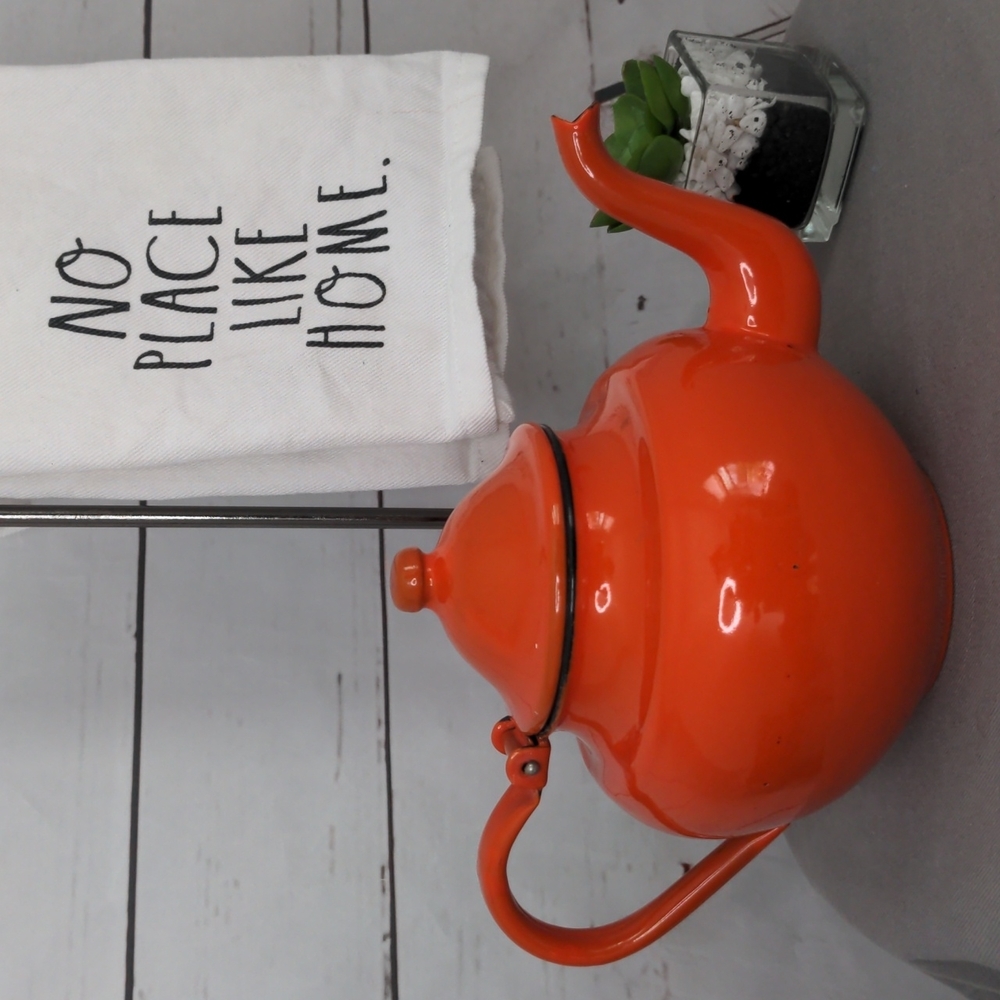 Orange Enamel Teapot, Vintage Enamel Tea Kettle,‎ Enamelware Tea Pot MCM
